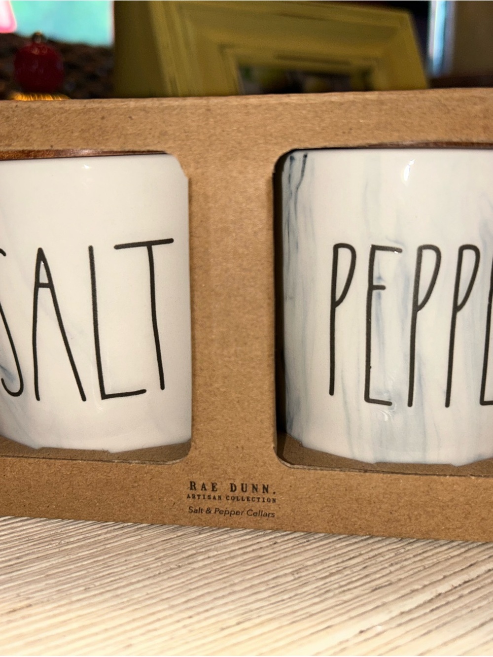 Rae Dunn Marble Salt & Pepper Cellar Set with Wooden Lids, New in Box
